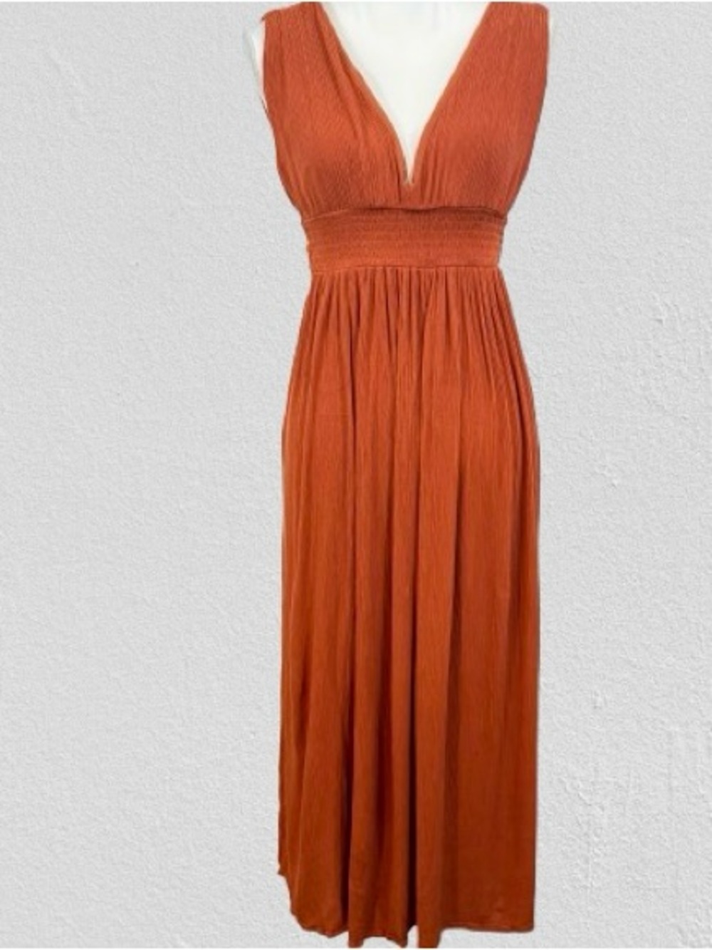 Just Found Rust Sleeveless Plunge Maxi Dress Size Large Boho Smocked Waist
